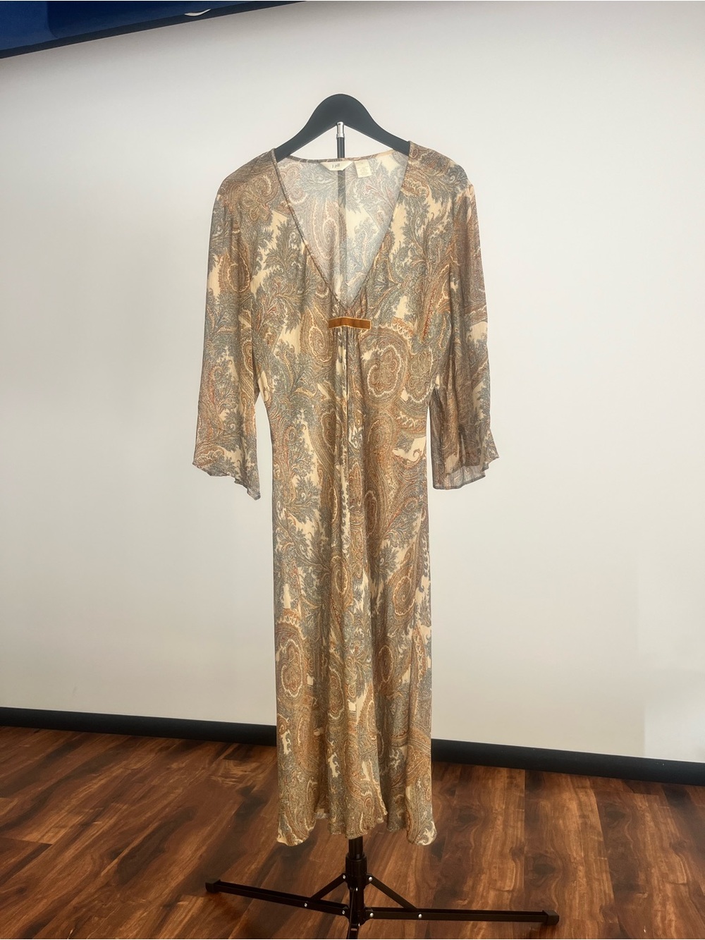 Paisley Print Sheer Midi Dress in Beige and Taupe